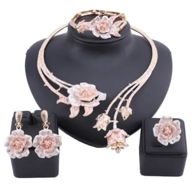 Women Wedding Gold Color Crystal Rose Flower Necklace Statement Jewelry Set