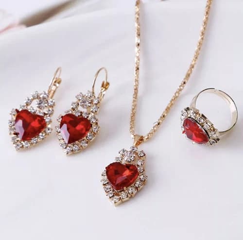 Women's Fashion Jewelry Set Rose Gold Heart Crystal Necklace Earrings Ring 1-261