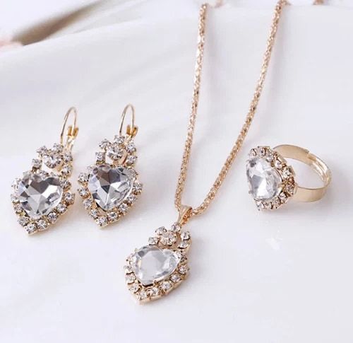 Women's Fashion Jewelry Set Rose Gold Heart Crystal Necklace Earrings Ring 1-261 view 4