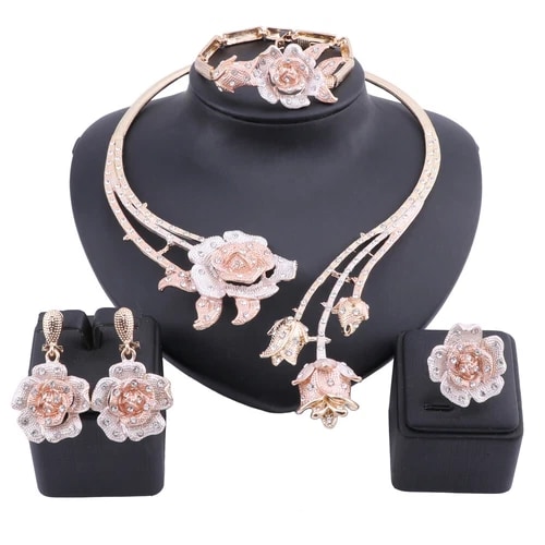 Women Wedding Gold Color Crystal Rose Flower Necklace Statement Jewelry Set view 1