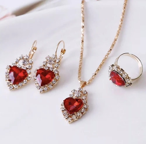Women's Fashion Jewelry Set Rose Gold Heart Crystal Necklace Earrings Ring 1-261 view 1