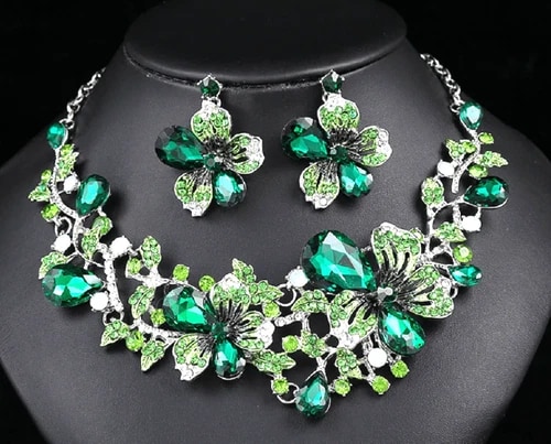 JEWELRY SET- Necklace 3Pcs set Women's Colorful Flower Design, Green view 1