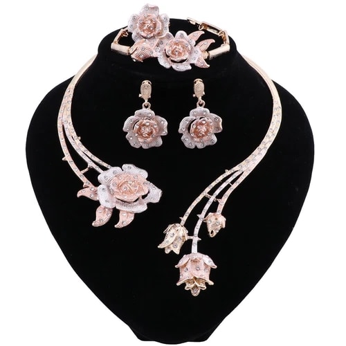 Women Wedding Gold Color Crystal Rose Flower Necklace Statement Jewelry Set view 4