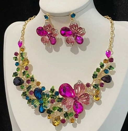 JEWELRY SET- Necklace 3Pcs set Women's Colorful Flower Design, Multi Color view 4