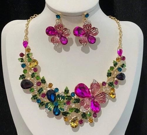 JEWELRY SET- Necklace 3Pcs set Women's Colorful Flower Design, Multi Color view 1