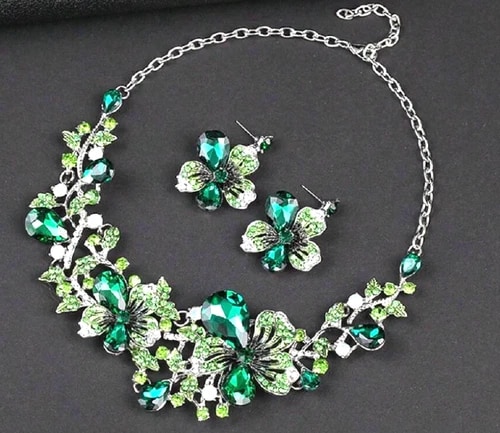 JEWELRY SET- Necklace 3Pcs set Women's Colorful Flower Design, Green view 3