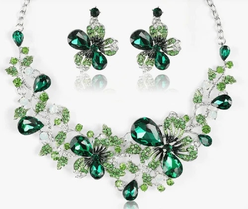 JEWELRY SET- Necklace 3Pcs set Women's Colorful Flower Design, Green view 2
