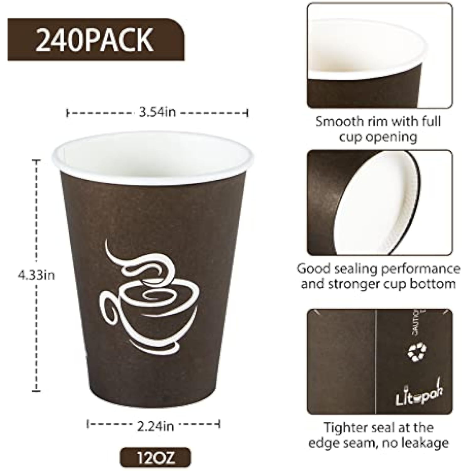 LITOPAK 240 Pack 12 oz Paper Cups, Brown Disposable Hot Coffee Cups for Party, Picnic, Travel, and Events view 3