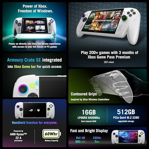ASUS ROG Xbox Ally – 7” 1080p 120Hz Touchscreen Gaming Handheld, 3-month Xbox Game Pass Premium included, AMD Ryzen Z2 A, 16GB RAM, 512GB SSD, White view 3